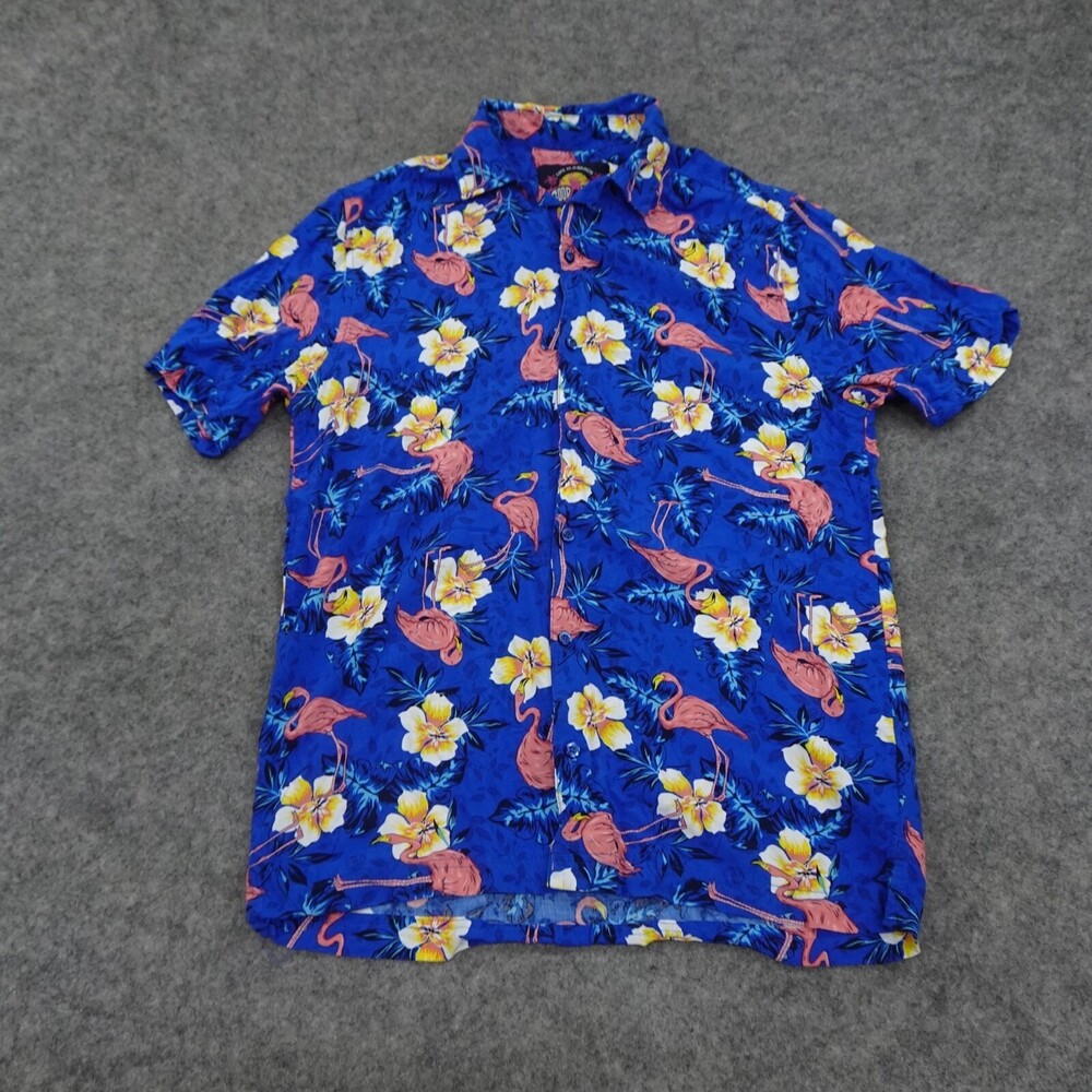 Good Vibes Shirt Mens Medium Hawaiian Flamingo Button Up Blue All Over Print